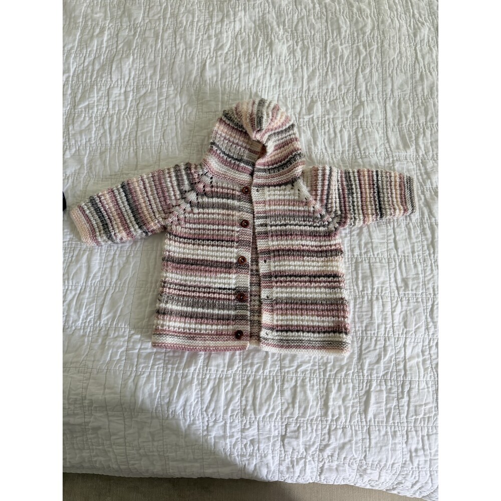 Handmade Knit Hooded Baby Cardigan & Hat Set Pink Cream Stripe Sweater